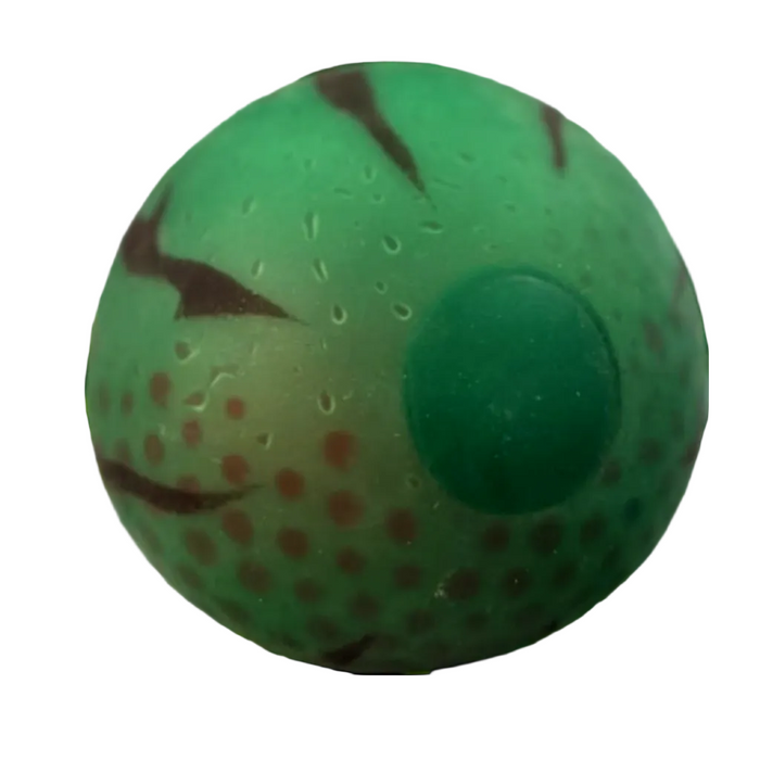 Green ball with black and red patterns on a white background