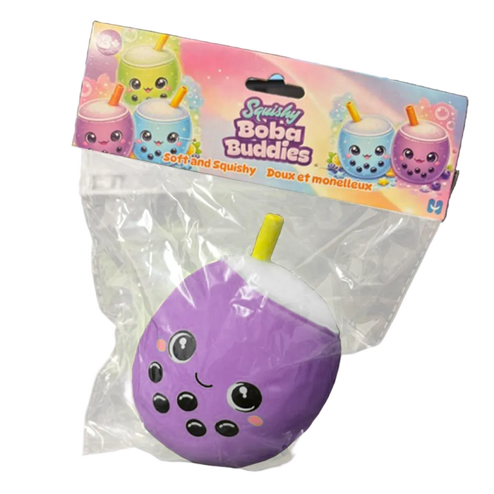 Purple boba toy with a yellow straw in clear packaging, branded as 'Squishy Boba Buddies'.