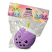 Purple boba toy with a yellow straw in clear packaging, branded as 'Squishy Boba Buddies'.
