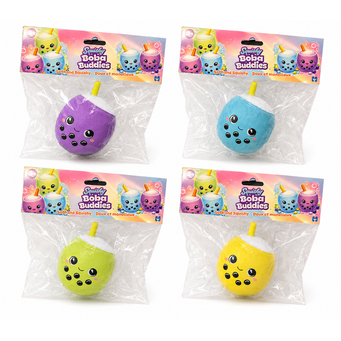 Four packages of Squishy Boba Buddies with purple, blue, green, and yellow boba drinks on a white background.