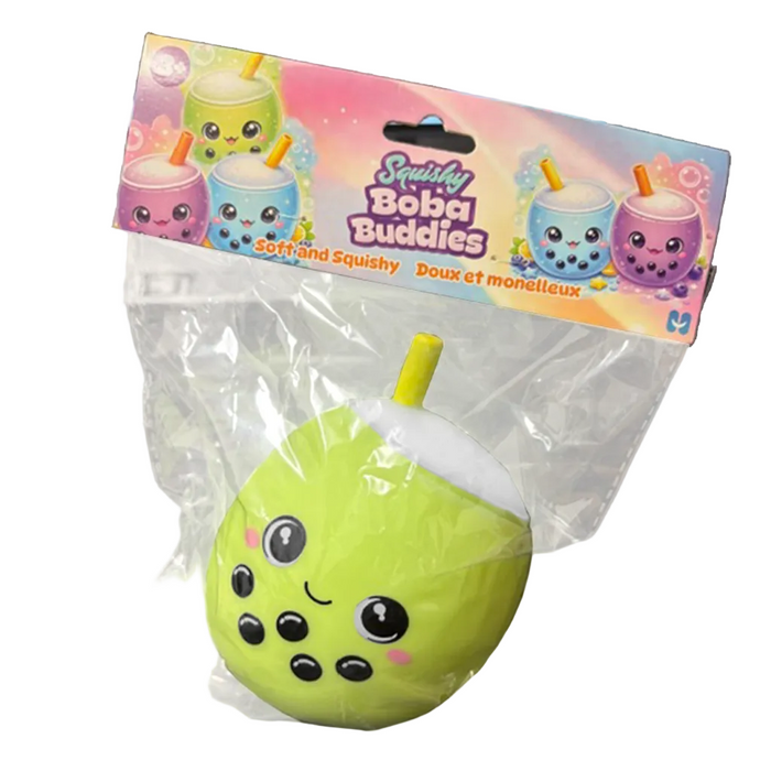 Green boba toy with a yellow straw in clear packaging, featuring 'Squishy Boba Buddies' branding.