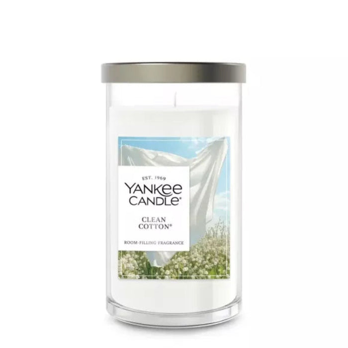 Yankee Candle Clean Cotton 14.25 oz. medium pillar candle with a classic white wax design and fresh linen-inspired fragrance.