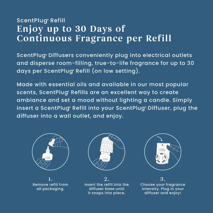 Just insert this fragrance refill into a decorative ScentPlug® Fragrance Diffuser, plug it in, and you'll enjoy room-filling fragrance for up to 30 days