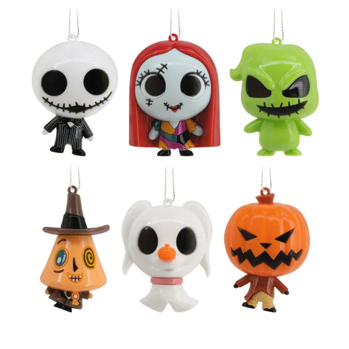 Includes 1 of the 6 collectable Disney Tim Burton's The Nightmare Before Christmas Series 3, Mystery Shatterproof Hallmark Ornament on a white background. Assorted no choice 