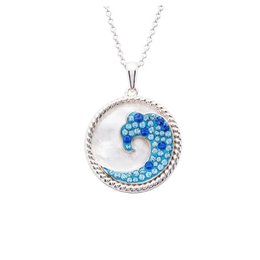 A blue and white wave pendant hanging from a silver chain, showcasing a stylish and elegant design.