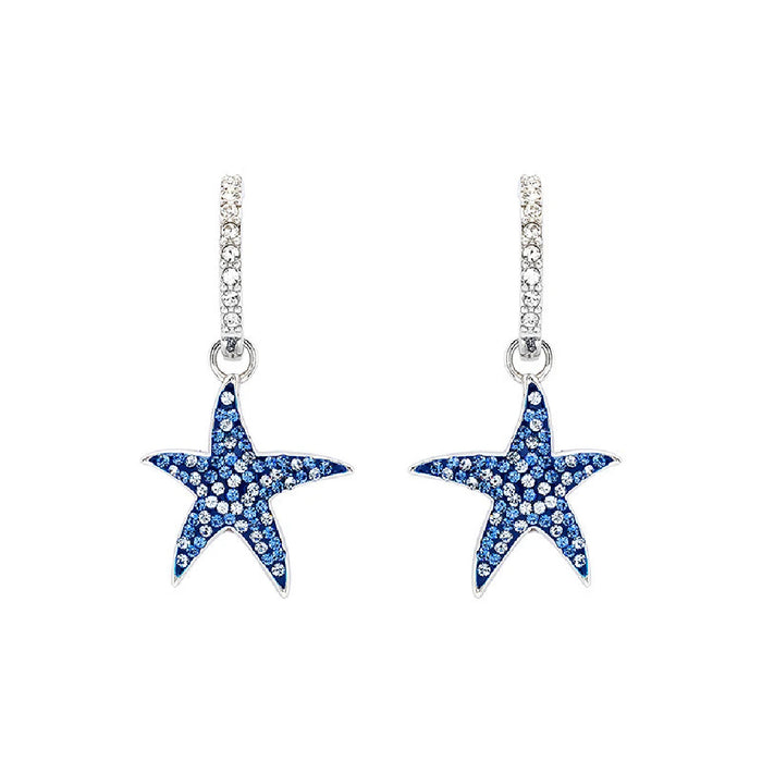 Starfish-shaped earrings adorned with sparkling blue diamonds, showcasing a unique and elegant design.