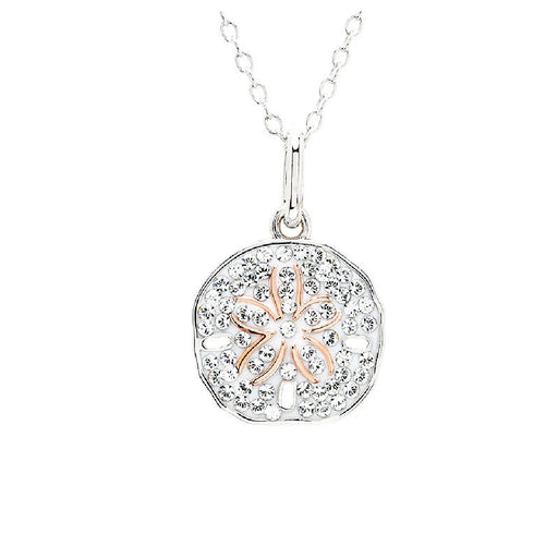 A silver and rose gold pendant featuring a delicate flower design.