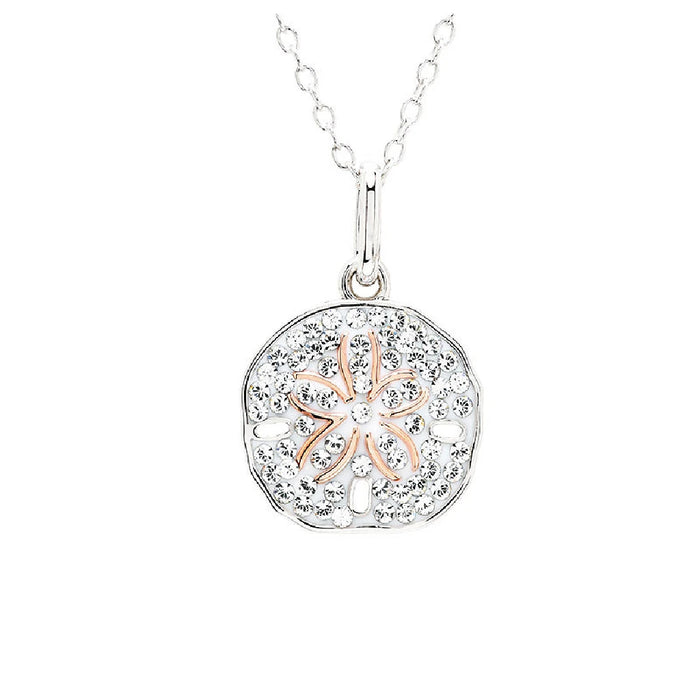 A stylish pendant in silver and rose gold, highlighted by a flower design.