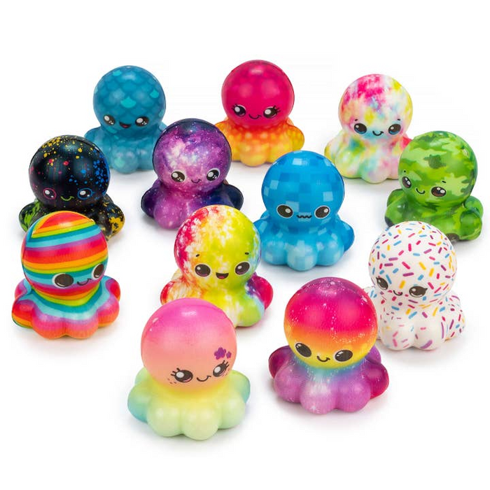 Colorful octopus-shaped toys on a white background