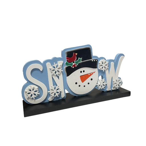 Snowy Snowman wooden tabletop sign with ‘SNOW’ letters, snowflake accents, and smiling snowman design on a black base.