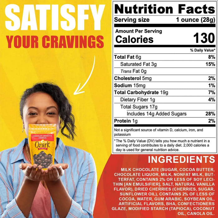 Person holding a package of snack with nutrition facts and ingredients listed on a yellow and red background