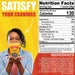Person holding a package of snack with nutrition facts and ingredients listed on a yellow and red background