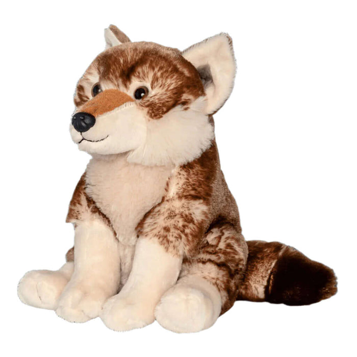Plush toy wolf with brown and beige fur on a black background