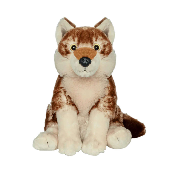 Plush toy wolf with brown and beige fur on a black background