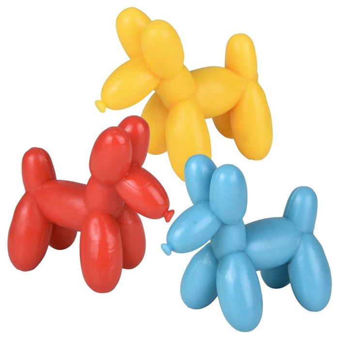 Three balloon dogs in red, yellow, and blue on a white background