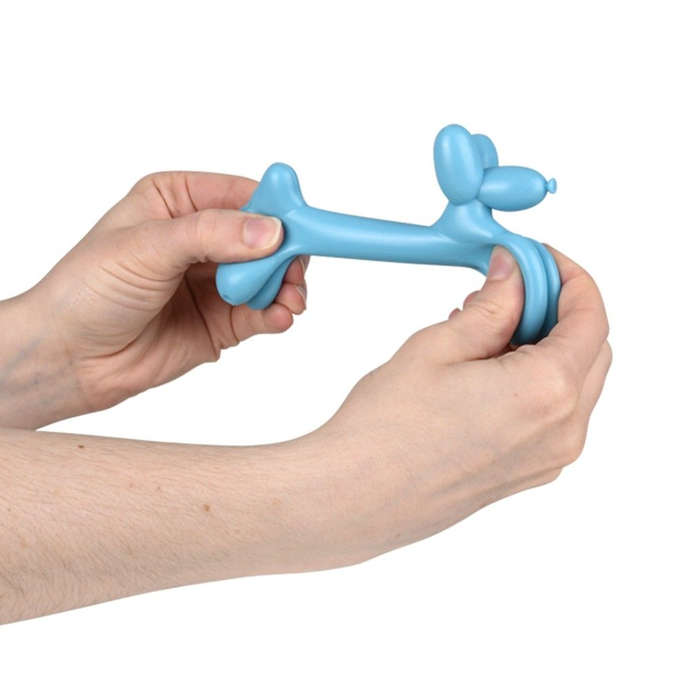 Blue dog toy shaped like a bone held by hands on a white background
