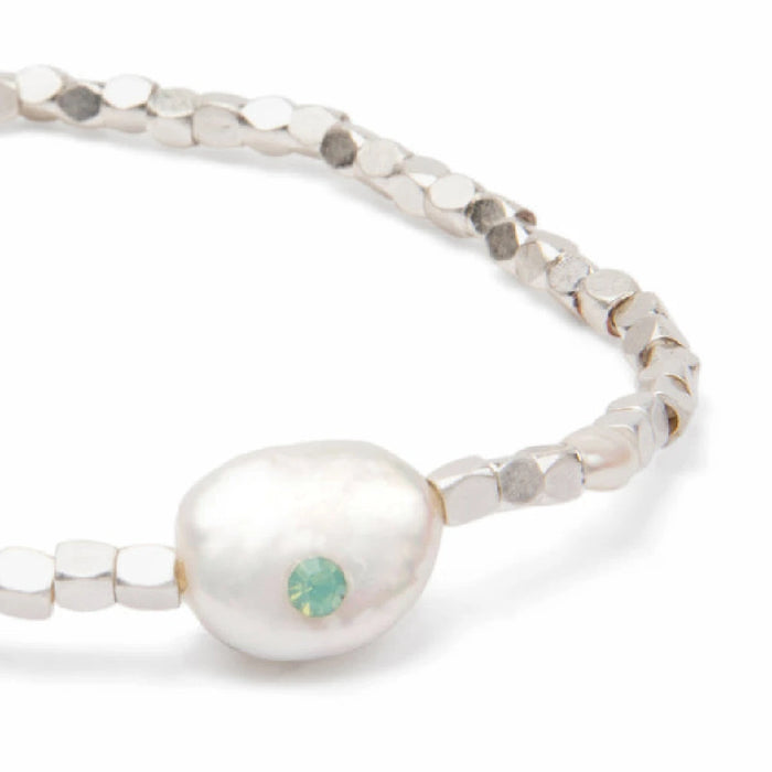 A stylish bracelet made of white pearls interspersed with vibrant green stones, ideal for formal occasions.
