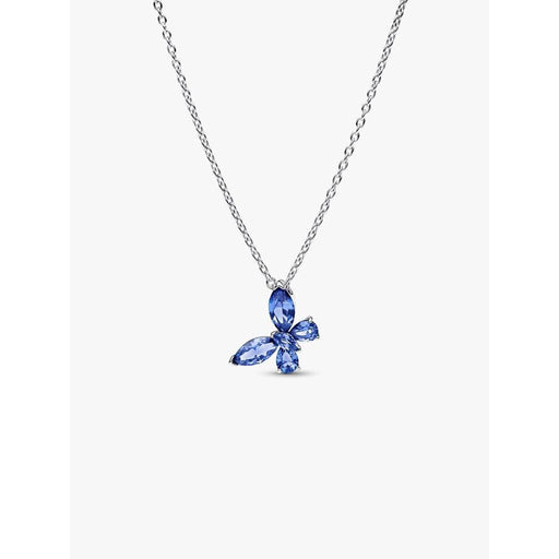 Product image of the PANDORA Blue Butterfly Pendant Necklace on a white background, highlighting the blue crystal butterfly pendant on a sterling silver chain.