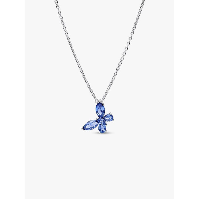 Product image of the PANDORA Blue Butterfly Pendant Necklace on a white background, highlighting the blue crystal butterfly pendant on a sterling silver chain.