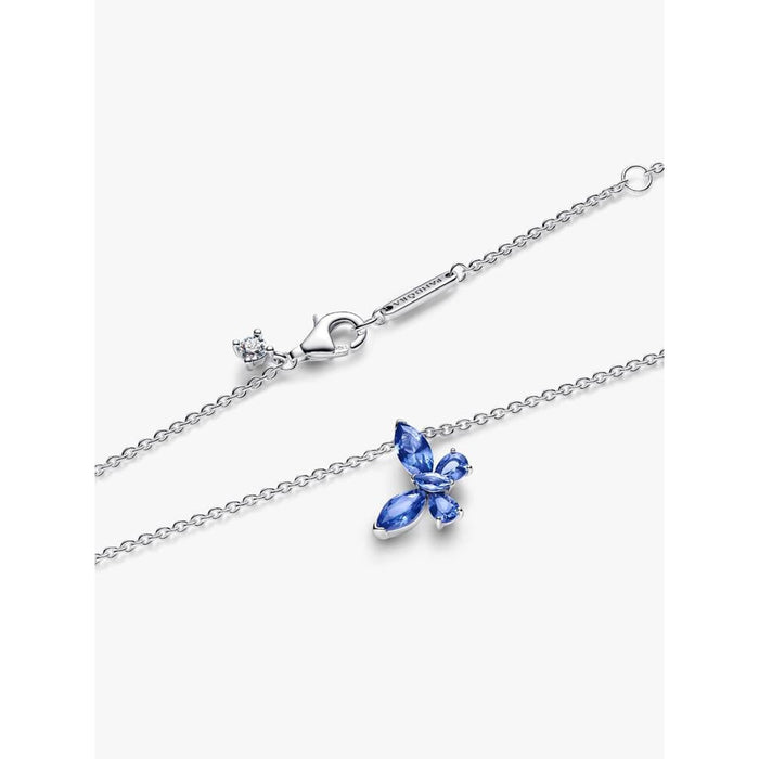 Close-up of the PANDORA Blue Butterfly Pendant Necklace chain and clasp, featuring a sterling silver chain with a small blue crystal butterfly pendant.