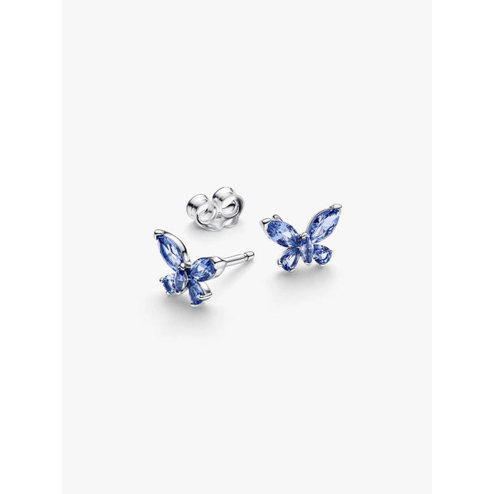 Pandora blue butterfly stud earrings silver angled view showing secure butterfly back closure