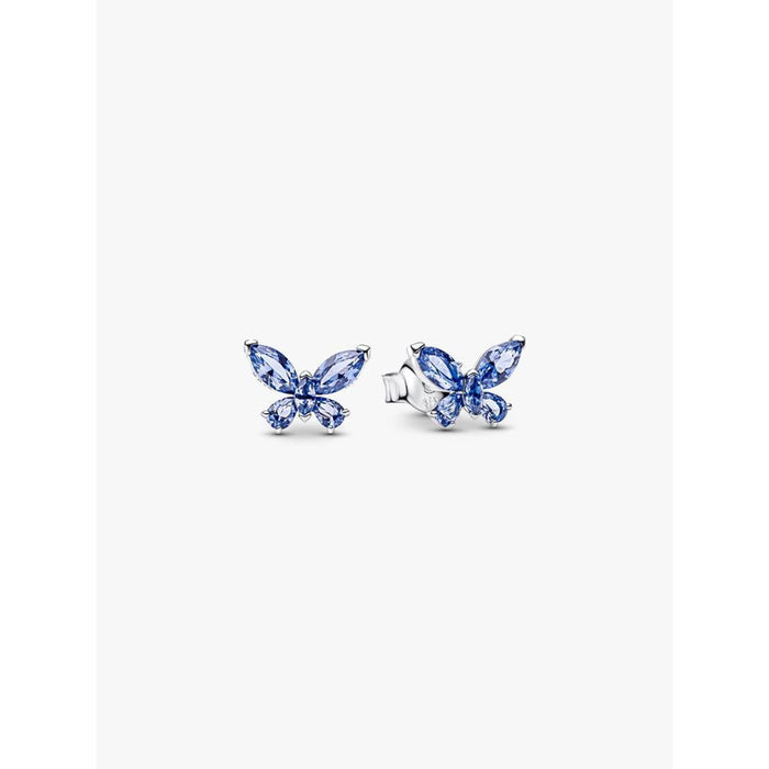 Pandora blue butterfly stud earrings front view with blue sparkling stones