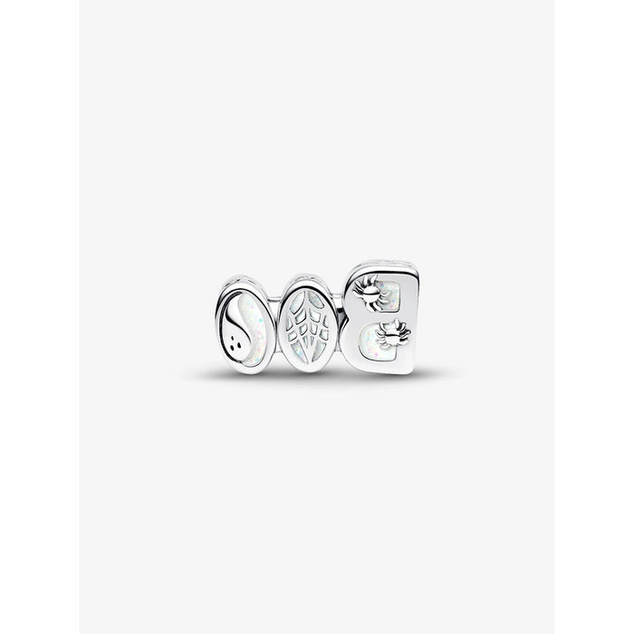 Back view of the Pandora Boo Charm showing ghost, spiderweb, and pumpkin details with glow-in-the-dark enamel.