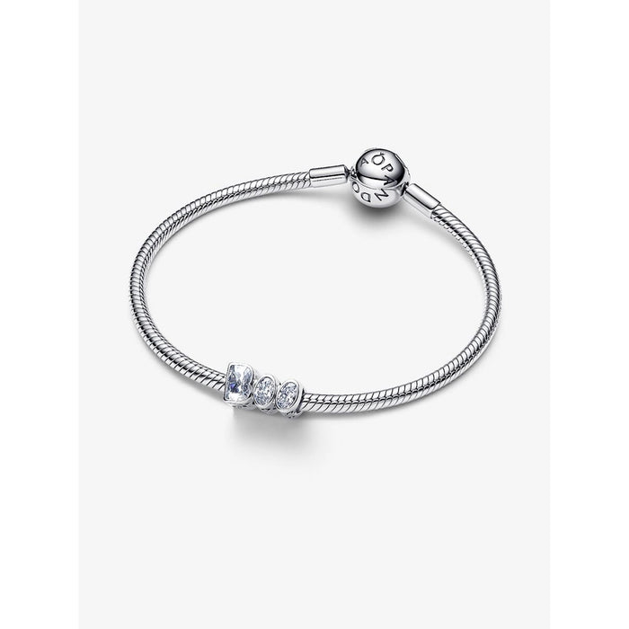 Pandora silver snake chain bracelet with the Boo Charm centered, featuring sparkling cubic zirconia.