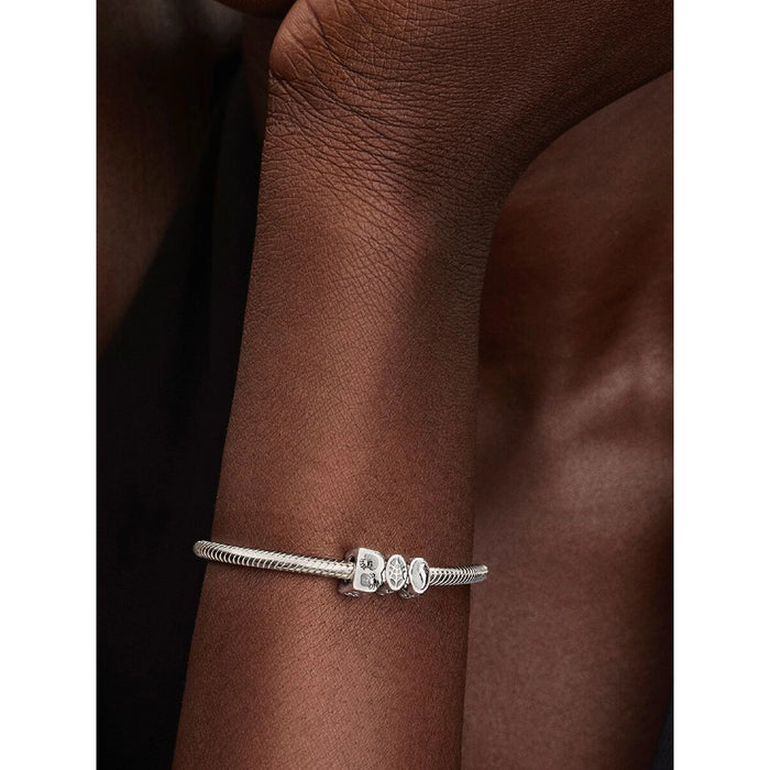 Pandora silver snake chain bracelet with the Boo Charm centered, featuring sparkling cubic zirconia.