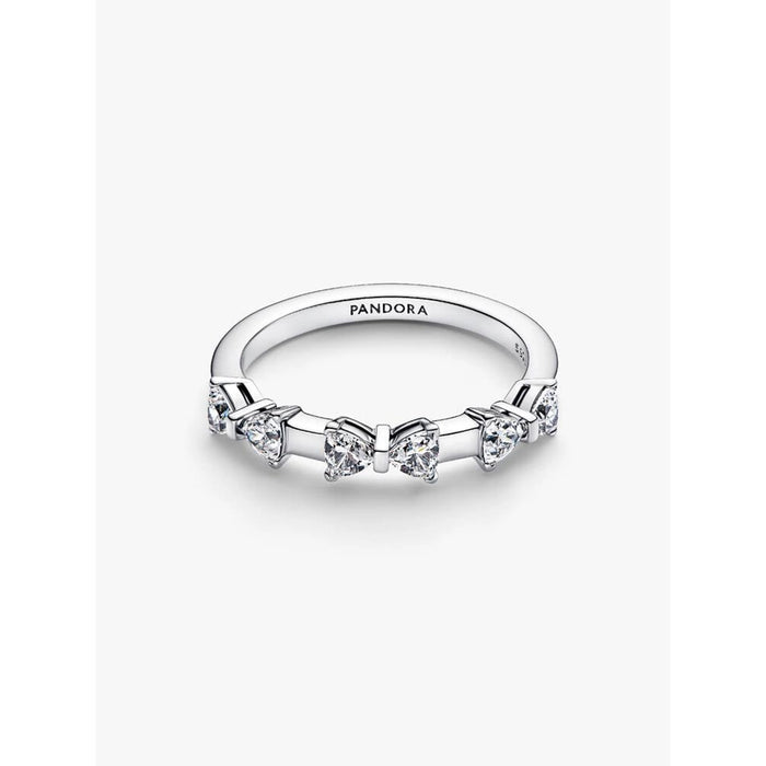 Pandora Bow Station Ring front view showing full bow design in 925 sterling silver with cubic zirconia