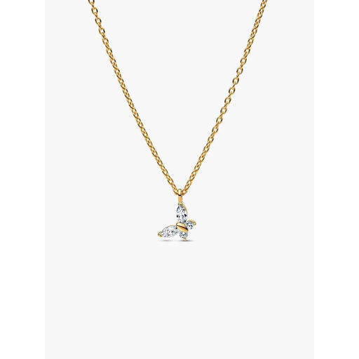 Front view of Pandora Butterfly Gold Pendant Necklace with clear cubic zirconia butterfly pendant.