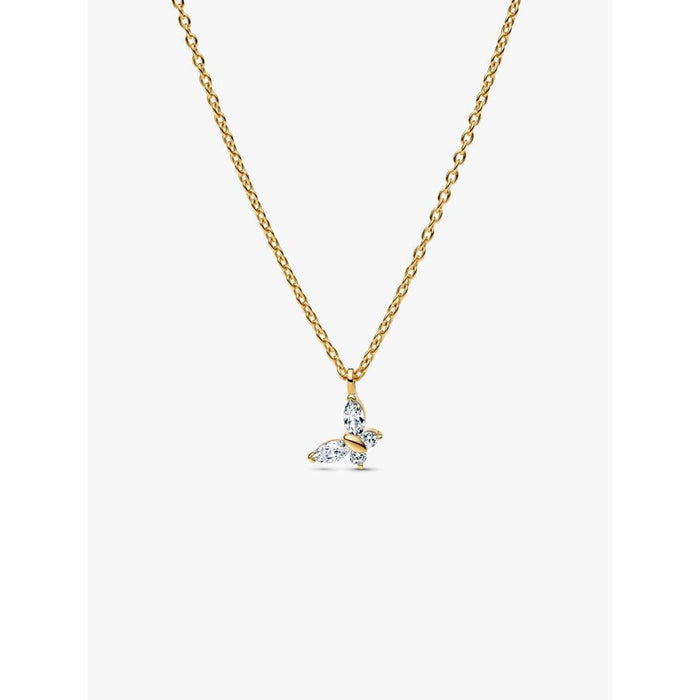 Front view of Pandora Butterfly Gold Pendant Necklace with clear cubic zirconia butterfly pendant.