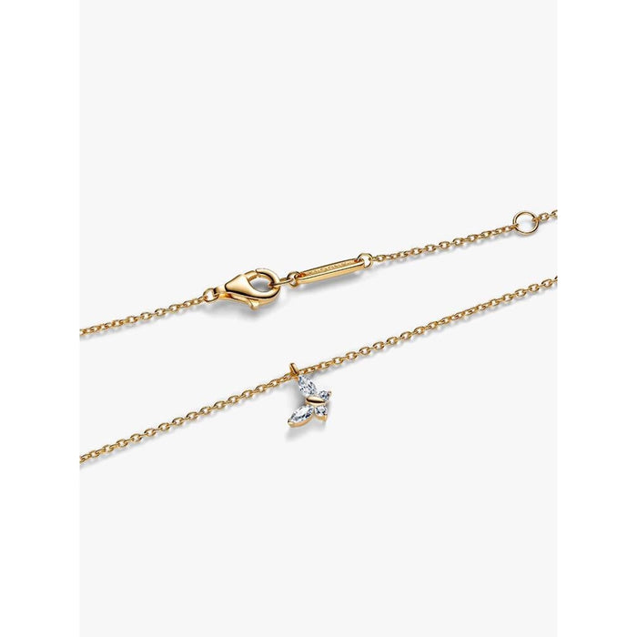 Close-up of Pandora Butterfly Gold Pendant Necklace showing delicate gold chain and sparkling butterfly pendant.