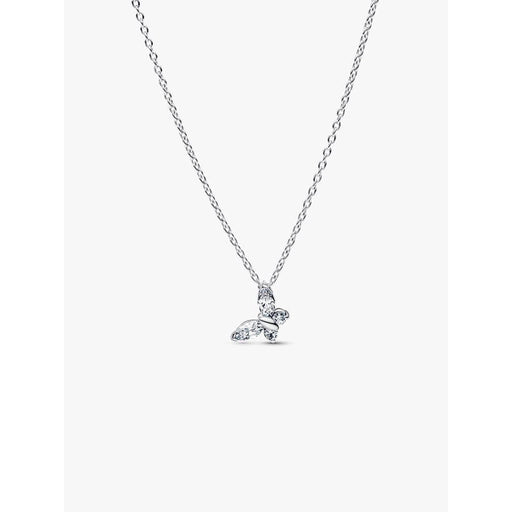 Product image of the PANDORA Butterfly Pendant Necklace on a white background, highlighting the clear crystal butterfly pendant on a sterling silver chain.