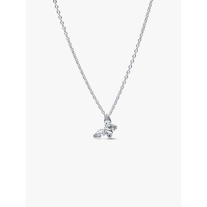 Product image of the PANDORA Butterfly Pendant Necklace on a white background, highlighting the clear crystal butterfly pendant on a sterling silver chain.