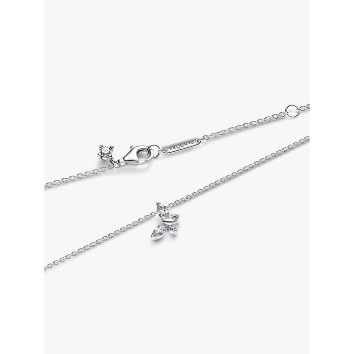 Close-up of the PANDORA Clear Butterfly Pendant Necklace chain and clasp, featuring a sterling silver chain with a small clear crystal butterfly pendant.