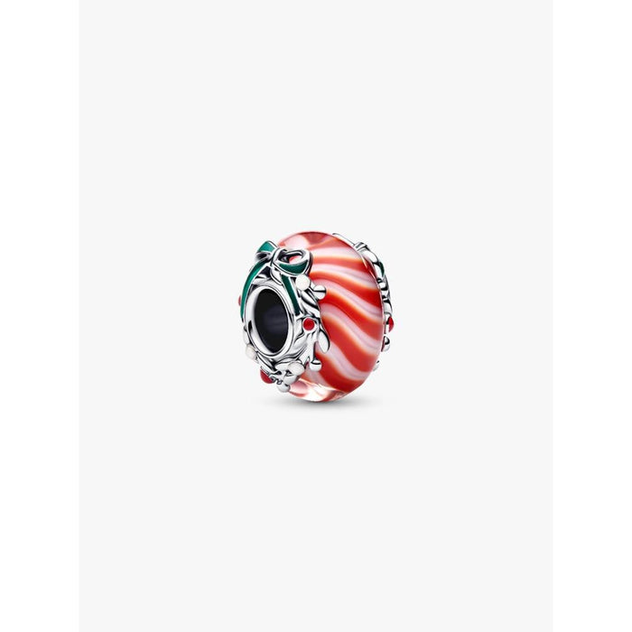 Close-up of the Pandora Candy Murano Glass Charm featuring red and white swirl Murano glass with silver holly leaf and berry detailing.