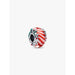 Close-up of the Pandora Candy Murano Glass Charm featuring red and white swirl Murano glass with silver holly leaf and berry detailing.