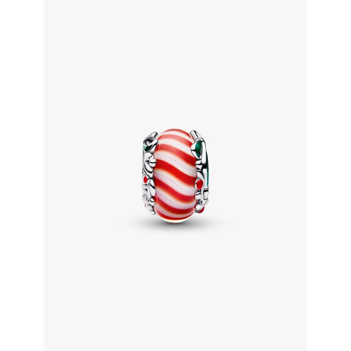 Front-facing view of the Pandora Candy Murano Glass Charm highlighting its striped peppermint pattern and festive holly accents.