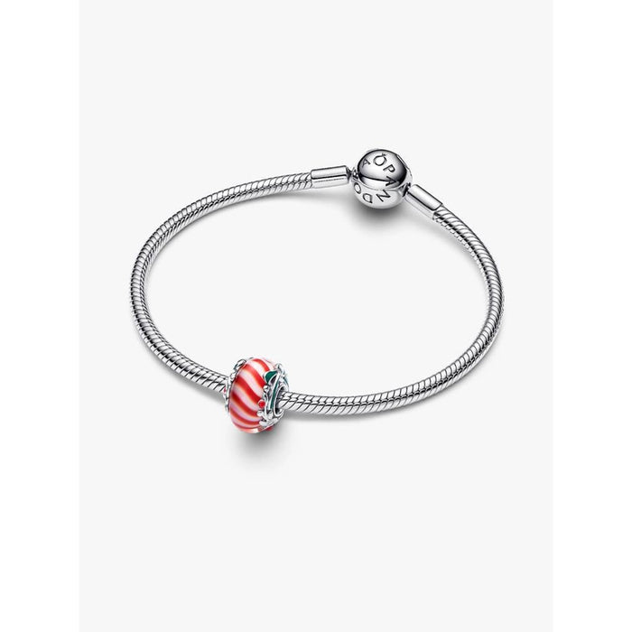 Pandora silver Moments bracelet styled with the Candy Murano Glass Charm in red and white Murano glass.