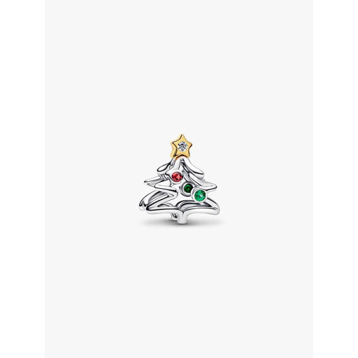Front view of Pandora Christmas Tree Charm featuring red and green stones and gold star topper.