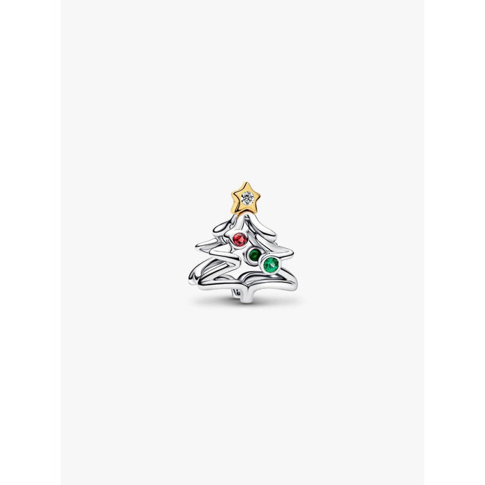 Front view of Pandora Christmas Tree Charm featuring red and green stones and gold star topper.