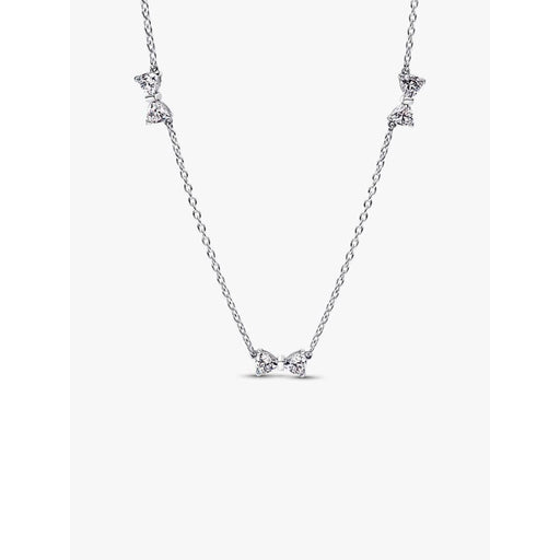 Pandora Clear Bow Station Chain Necklace displayed against a white background, featuring multiple cubic zirconia bow stations on a sterling silver chain.
