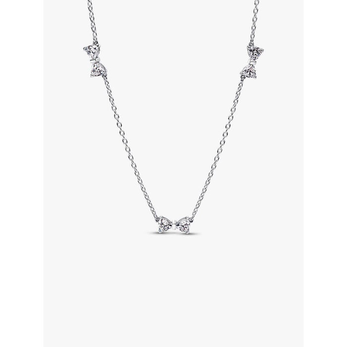 Pandora Clear Bow Station Chain Necklace displayed against a white background, featuring multiple cubic zirconia bow stations on a sterling silver chain.