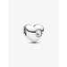 Silver heart-shaped Pandora charm with a clear round stone set on one side, displayed against a plain background.