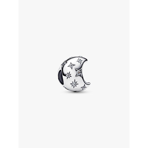 Close-up of the Pandora Crescent Moon Charm featuring star-shaped cubic zirconia details.