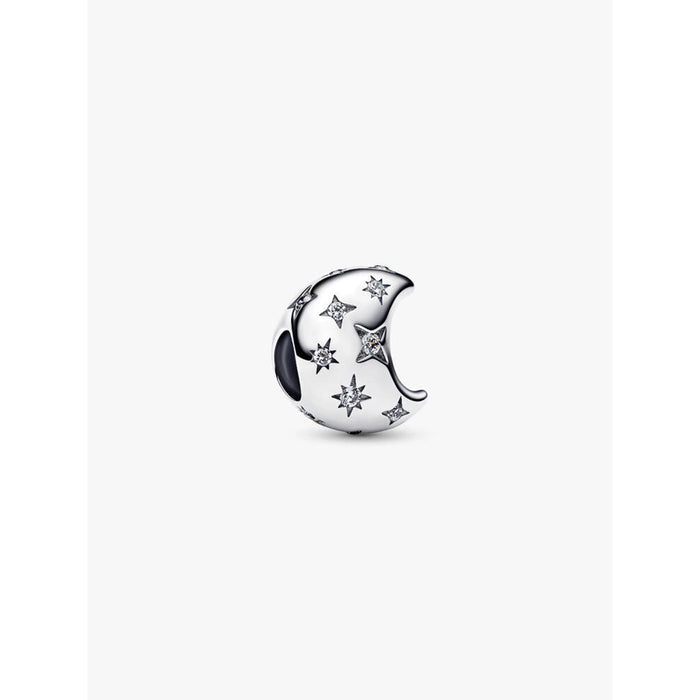 Close-up of the Pandora Crescent Moon Charm featuring star-shaped cubic zirconia details.