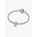 Pandora Crescent Moon Charm displayed on a sterling silver Pandora Moments bracelet on white background.