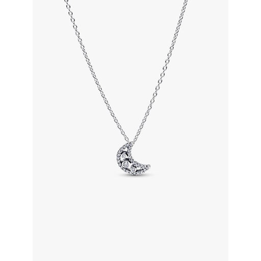 Pandora Crescent Moon Pendant Necklace displayed on a white background showing the detailed crescent moon design and sterling silver chain.