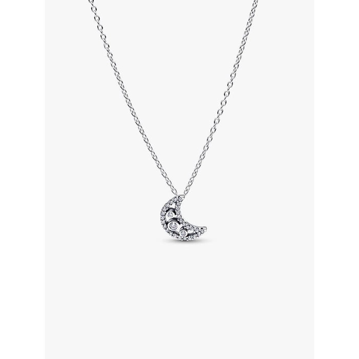 Pandora Crescent Moon Pendant Necklace displayed on a white background showing the detailed crescent moon design and sterling silver chain.